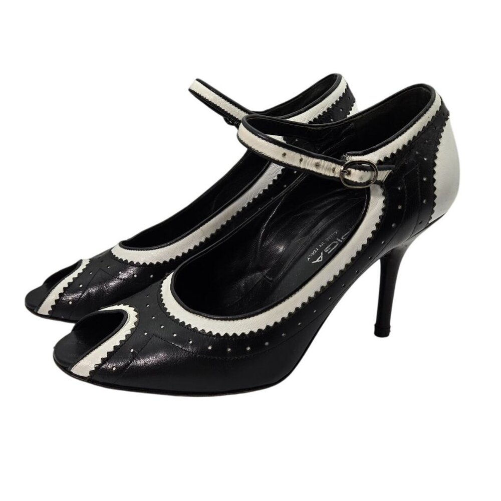 VTG Via Spiga 7.5 Black White Leather Peep-Toe Mary Jane Oxford Heels Lady*Read - Picture 2 of 15